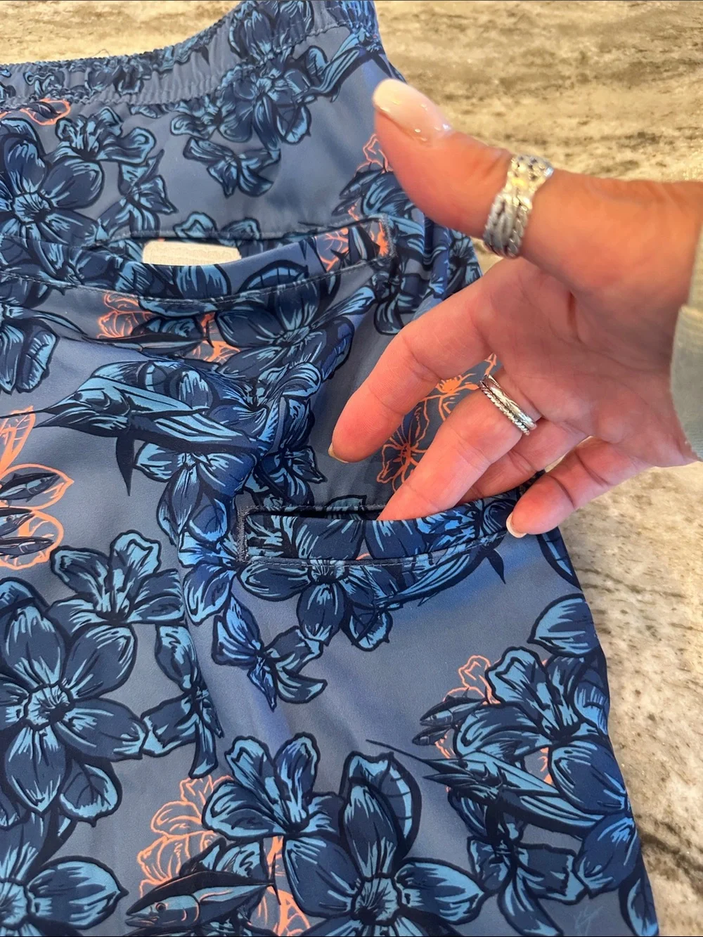 Huk Men’s Blue Floral Swim Trunks with Coral Drawstring